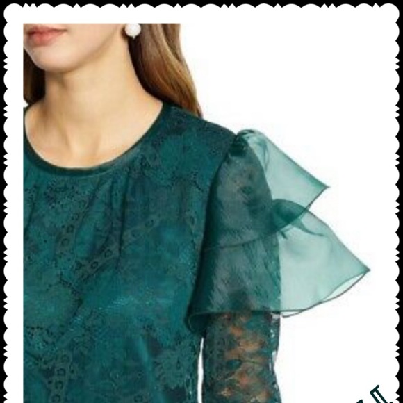 RACHEL PARCELL JEWEL NECK EMERALD GREEN FLUTTER WING SATIN LK CUFF TOP L… - Picture 9 of 11